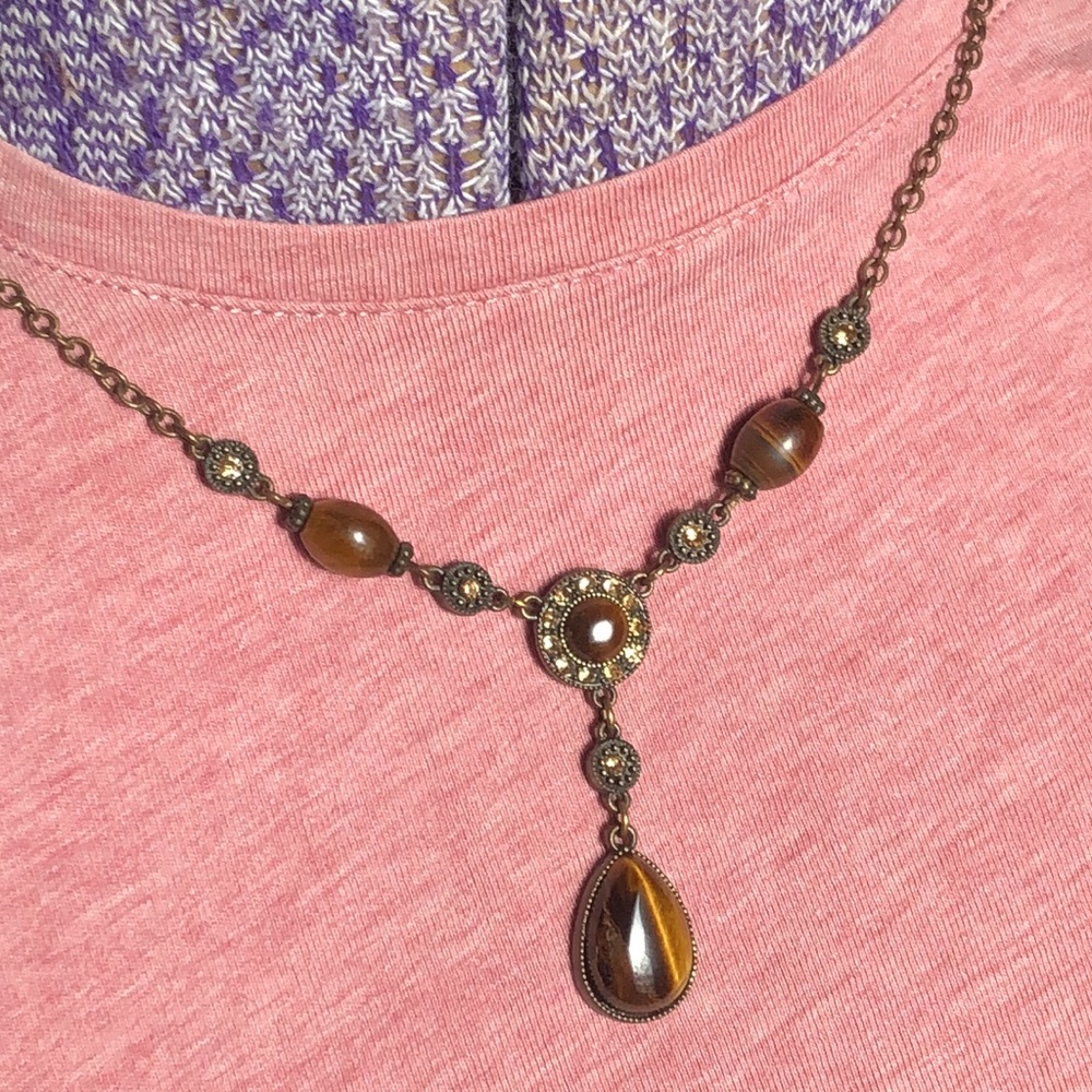 Vtg Tiger's Eye and Rhinestone Necklace